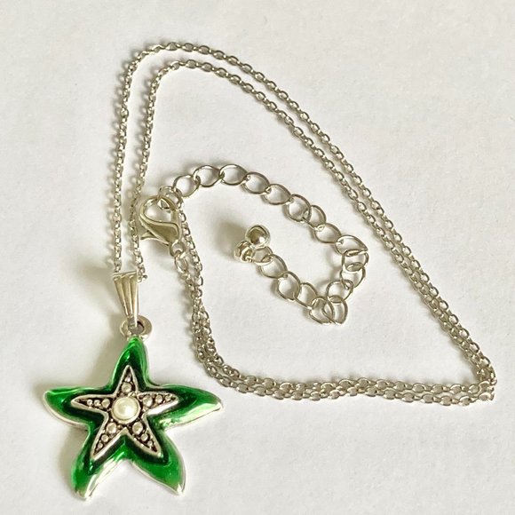 Starfish Necklace Choker Pearl Green Enamel 16-19" Chain Silver Plated Sea Life - Picture 5 of 8